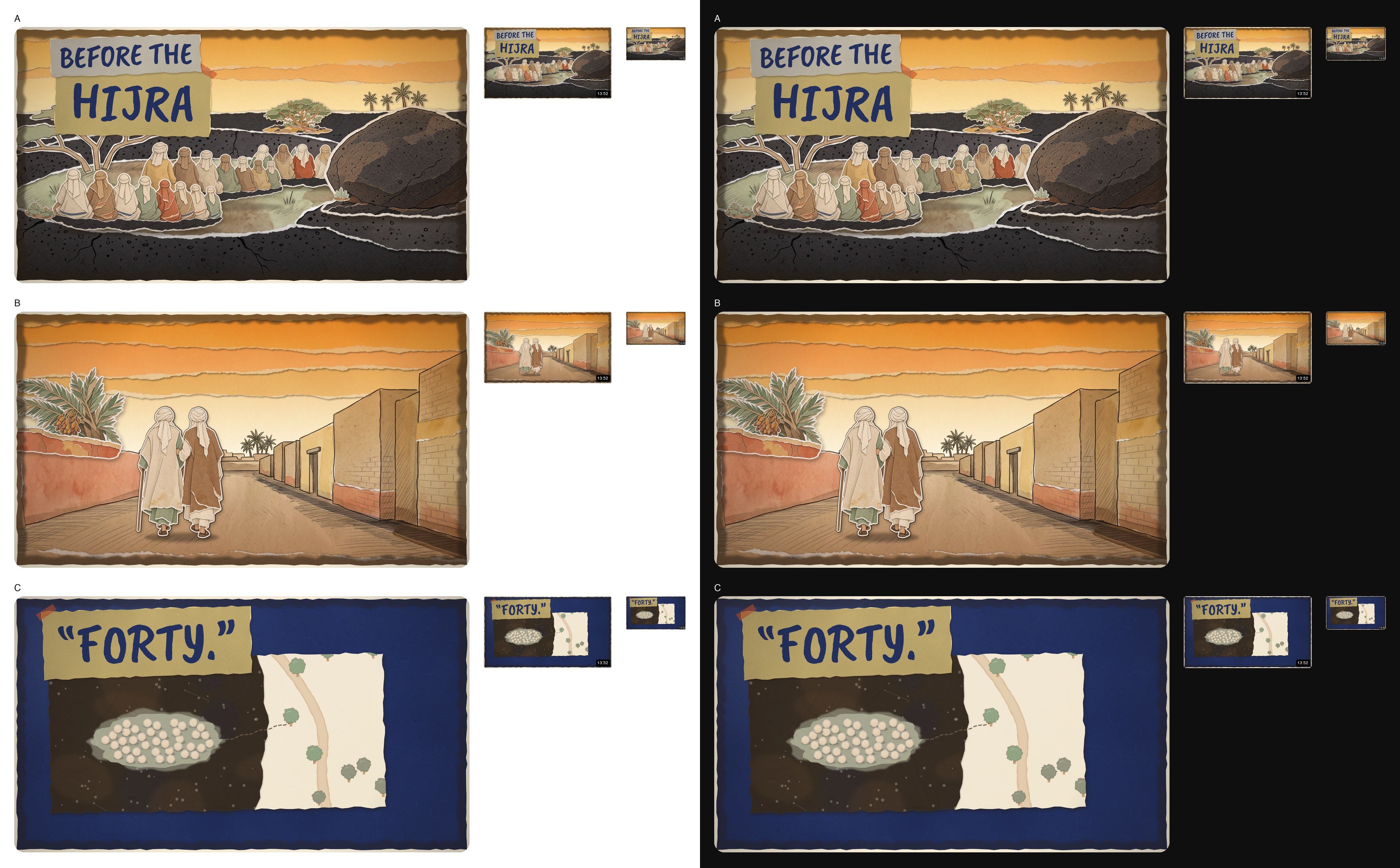Thumbnails at phone and desktop sizes on white and dark